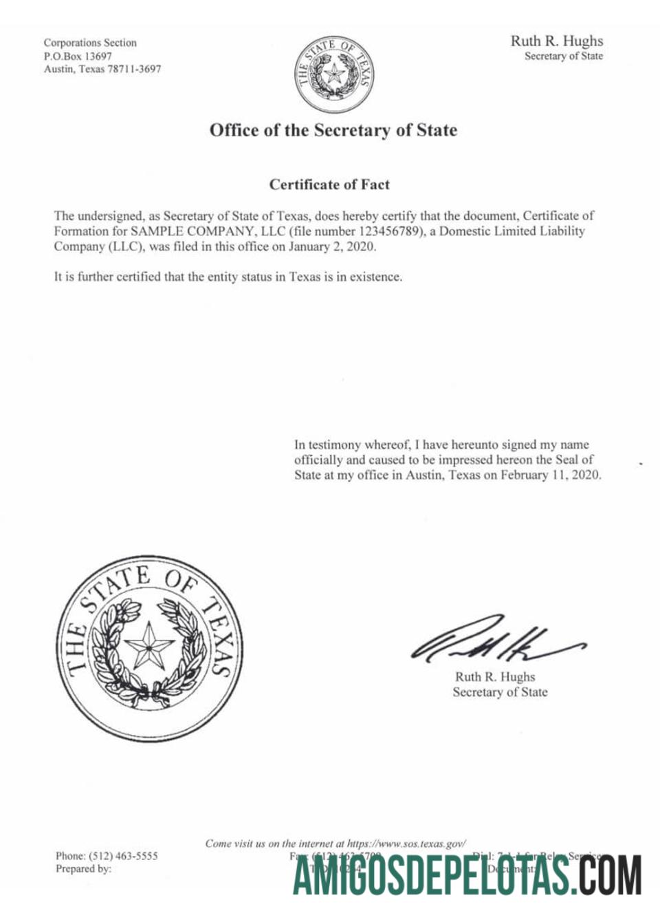 USA Texas Certificate Of Good Standing amostra